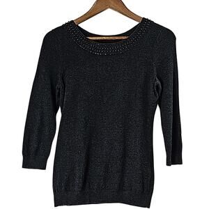 Banana Republic Womens S Gray Beaded Embellished Neck Lightweight Grunge Sweater